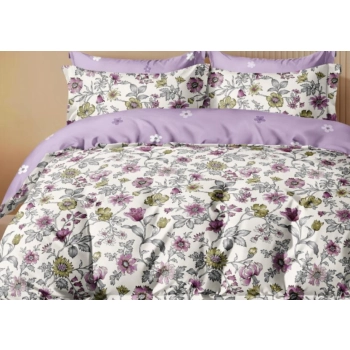 Pościel 160x200 bawełna satynowa  fioletowe kwiaty PK673 z prześcieradłem